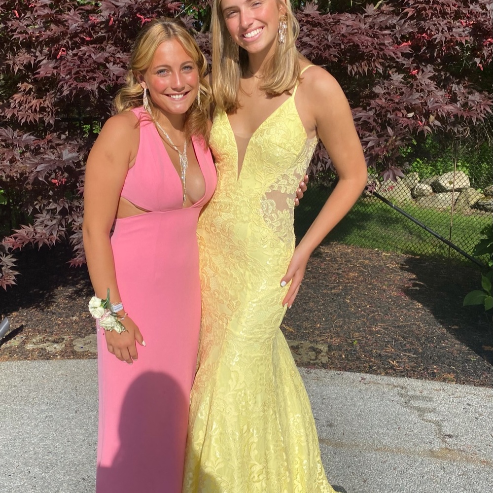 Yellow lace prom dress